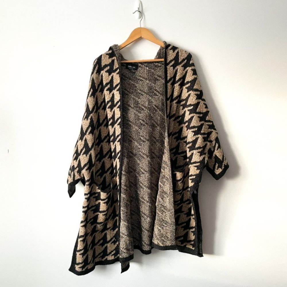 Zara Knit Houndstooth Chunky Cape Poncho Cardigan Brown Black Sz M - Picture 3 of 6